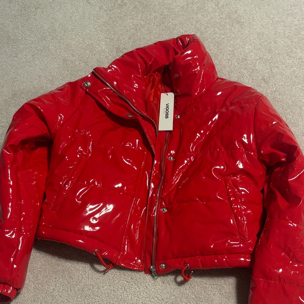 Vigoss Shiny Red Patent Cropped Puffer Jacket